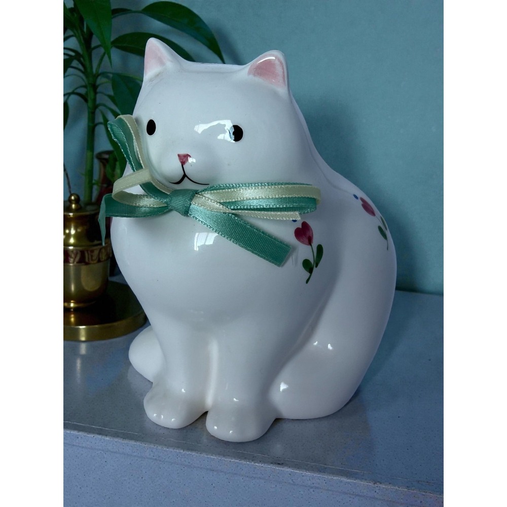 Vintage White Floral Cat Figure Porcelain Bow Chubby Hand painted Home Deco - Picture 2 of 14
